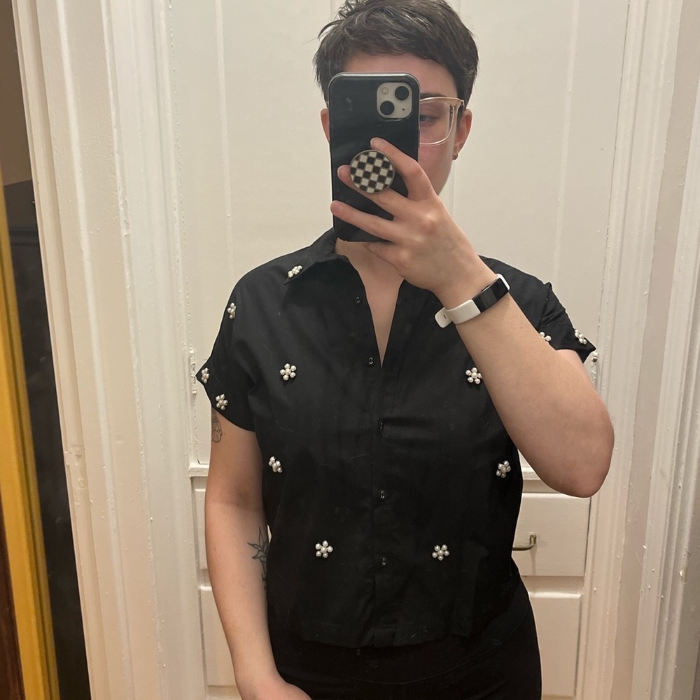 Black button down with pearl decorations